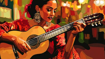 Obraz premium Woman guitarist performing live at a rock concert with acoustic and electric guitars