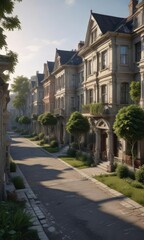 Rows of small, rundown houses beside a row of luxurious, sprawling mansions, society, architecture