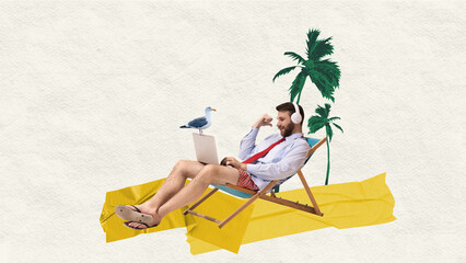 Work from anywhere. Businessman relaxing in deck chair, working in laptop in headphones. Business...