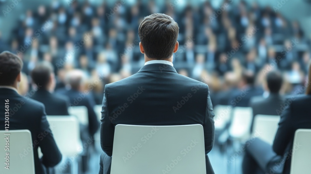 Aufkleber a focused individual sits in a formal setting, facing a large audience, emphasizing themes of leader