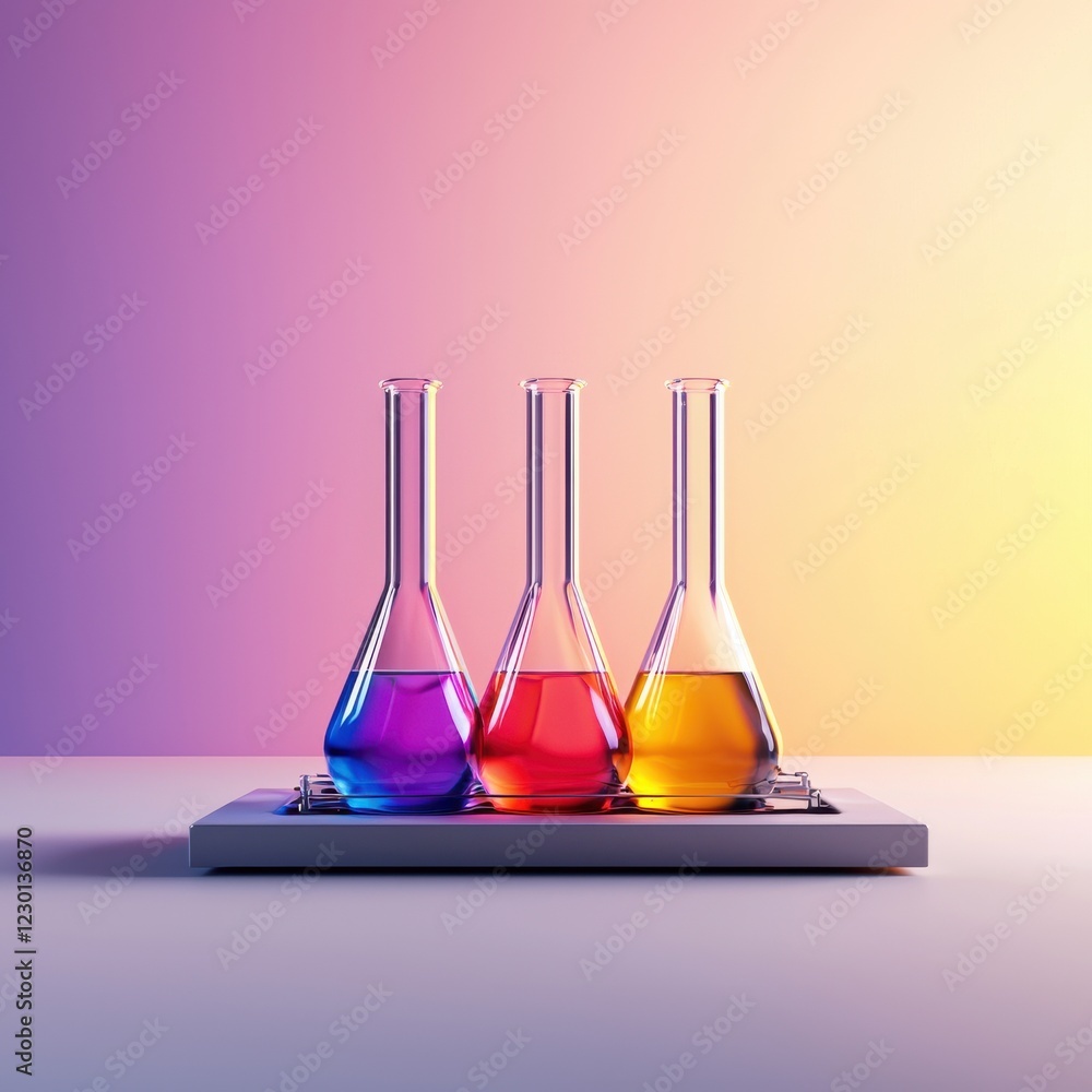 Poster three colorful laboratory flasks filled with vibrant liquids sit on a sleek surface against a gradie