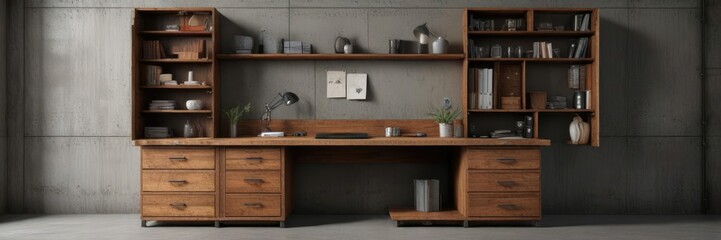 Rustic wooden bureau with open compartments and industrial concrete wall, weathered finish, rustic decor, aged wood, raw materials, vintage