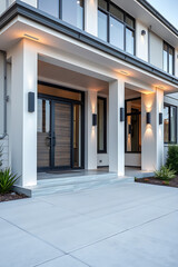 Fototapeta premium Modern Architectural House Exterior: Luxury Home Design with Elegant Entrance and Concrete Pathway