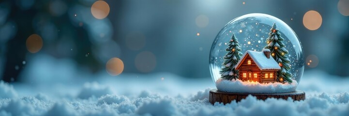 Small Christmas scene inside a snow globe with snow trees and pine, , winter wonderland