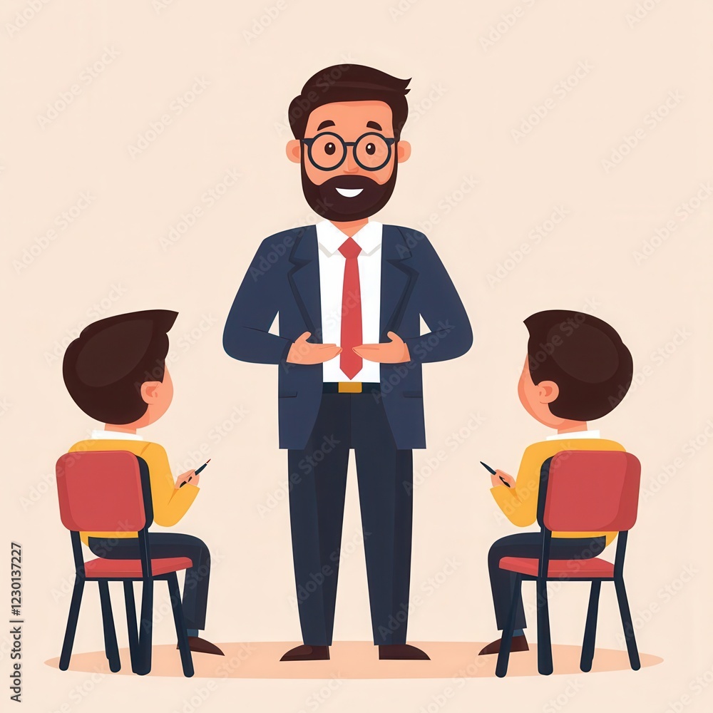Poster a teacher engages with two students, fostering a learning environment in a classroom setting.