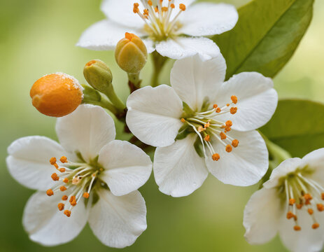 Flores blancas de azahar en primer plano con botones y hojas verdes en un fondo desenfocado.