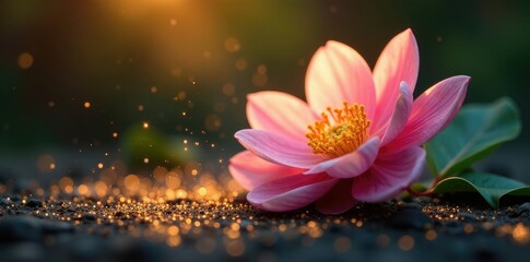 Sparkling gold dust settles on a delicate flower, dust, shine, bloom