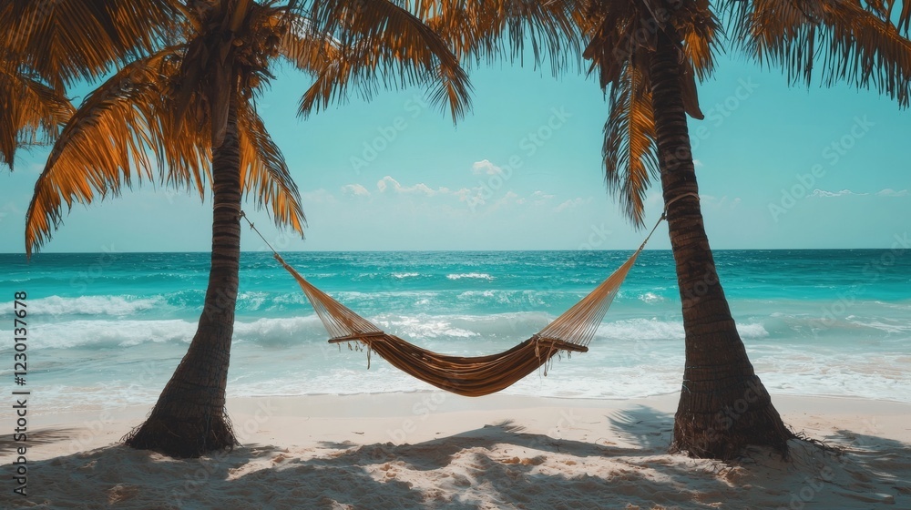 Aufkleber Secluded beach hammock tied between two palm trees soft ocean breeze and gentle waves the perfect summer escape Stock Photo with side copy space