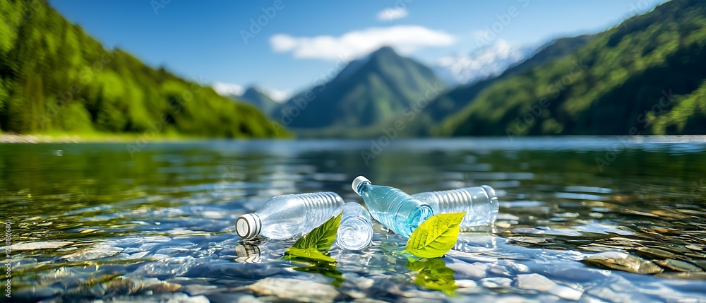 Poster peaceful mountain reservoir with lush green trees and a clear calm water surface reflecting the natu