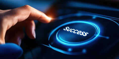 A hand pressing a digital button labeled "success," representing achievement and positive outcomes in a modern, tech-focused environment.