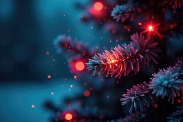 Sparkling red Christmas lights on a festive blue pine tree branch, christmas lights, sparkling effect, winter wonderland