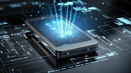A detailed focus on a mobile edge computing device that processes data securely featuring dynamic visual infographics that illustrate risk assessments and compliance checks performed - Powered by Adobe