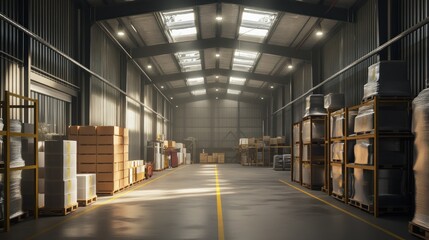 Obraz premium Industrial Warehouse Interior with Stacked Boxes