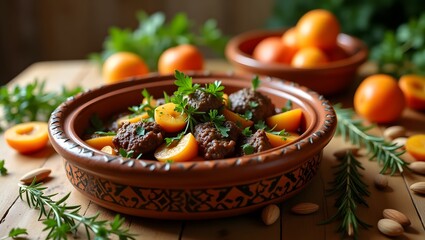 Moroccan lamb tagine in a rustic clay pot.
