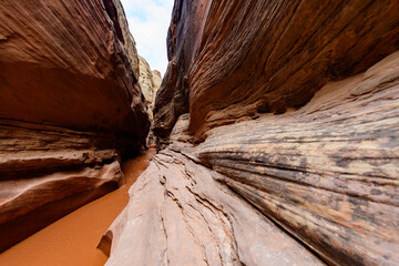 Eroded by water and wind cliffs in the canyon, Little Wild Horse Canyon, San Rafael Swell, Utah