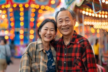 Naklejka premium Portrait of a jovial asian couple in their 40s wearing a comfy flannel shirt while standing against vibrant amusement park