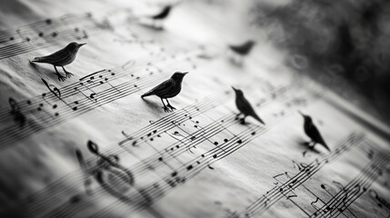 Birds on a Sheet of Music in Black and White
