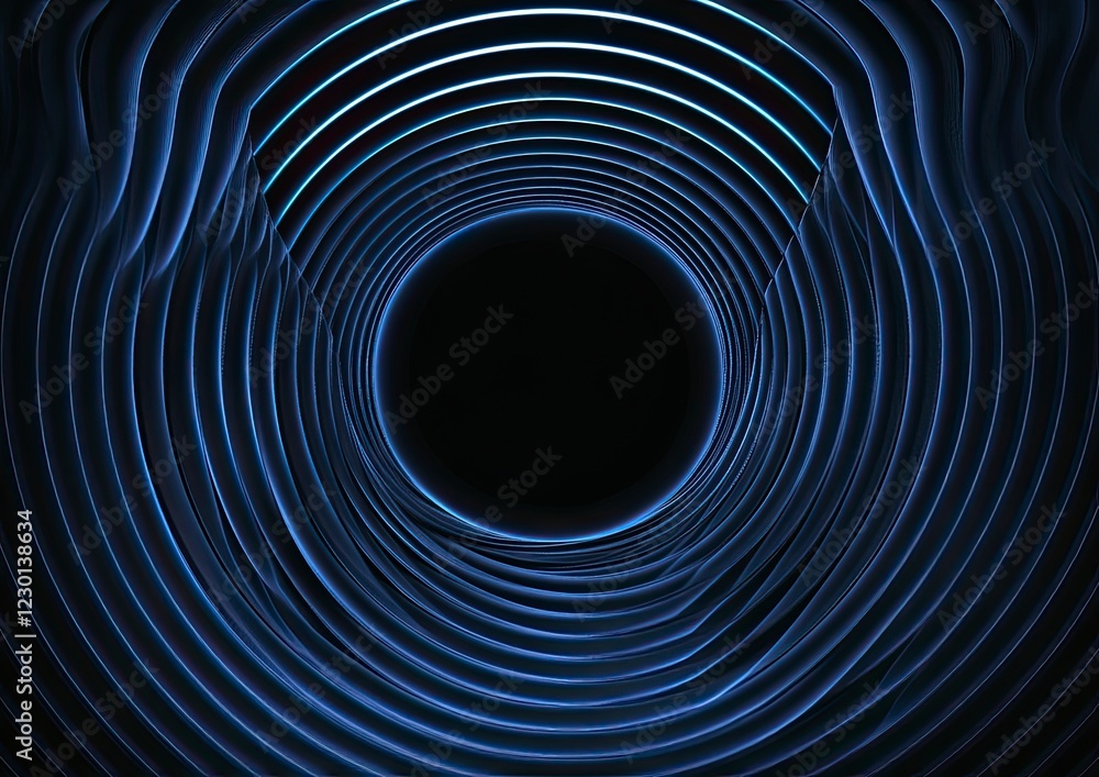 Poster blue glowing light effect vector background with moving ring-shaped lines on a black color, isolated
