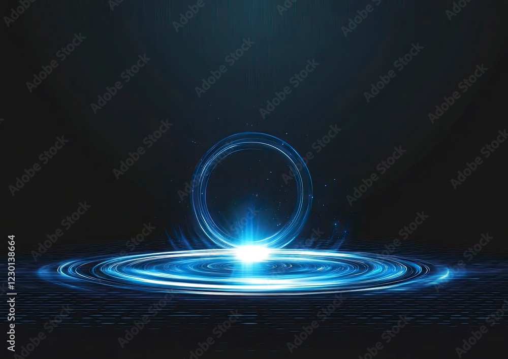 Poster blue glowing light effect vector background with moving ring-shaped lines on a black color, isolated