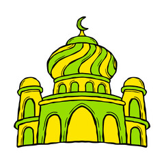 Hand-drawn Mosque with Crescent Moon and Domes