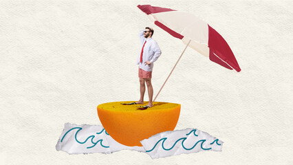 Island business retreat. Businessman standing on half orange floating in ocean, wearing office attire, shaded by beach umbrella. Corporate relaxation, surreal travel concept, work-from-anywhere.