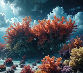 Obraz premium Serene underwater environment showcasing a bed of soft seaweed amidst swirly bubble clouds, aquatic plants, ocean scenery