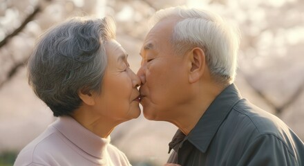 Tender moment of elderly asian couple in a cherry blossom park during springtime