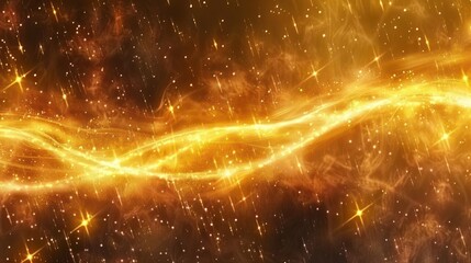 Obraz premium Vibrant cosmic scene with glowing golden waves amidst a starry background, evoking wonder
