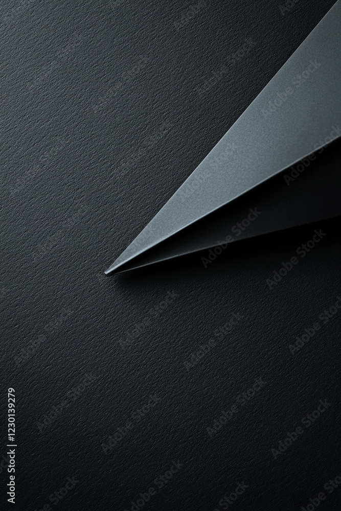 Poster close-up shot of a dark paper airplane on a textured black surface, showcasing sleek lines and geome