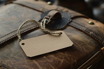 Blank tag is hanging from a leather bag with string, waiting for text or graphics