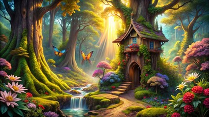 Enchanted Fairy Treehouse in Magical Forest Waterfall, Fantasy Illustration