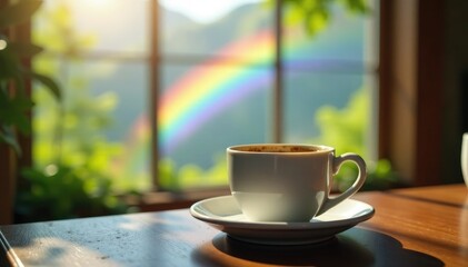 A cup of hot coffee on a table with a stunning rainbow above it, natural scenery, color, peaceful scene