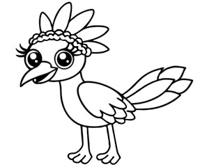  Cute Cartoon Bird Character Long Neck Big Eye Flower Crown Coloring Book Style