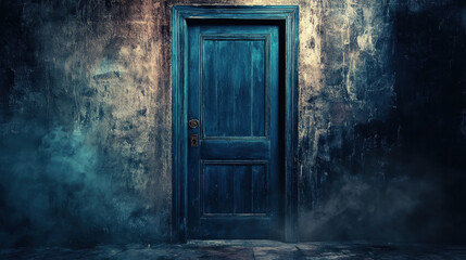 Mysterious Blue Door in a Dark Corridor