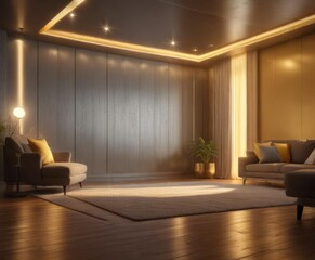 Fototapeta premium Silver stage with warm yellow light shining on it in a cozy room, natural warmth, silver stage, peaceful atmosphere
