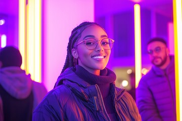 A female fashion model in a cotton shirt stands out against a purple background, illuminated by neon lights. The scene captures the essence of beauty, art, fashion, youth, and emotion