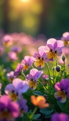 a field of tiny pansy flowers swaying in sunlight, floral arrangements, plant life, blooms