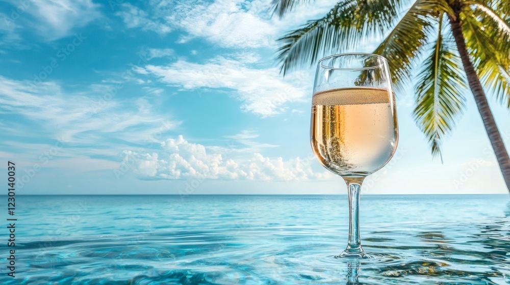 Poster luxury infinity pool overlooking the ocean surrounded by palm trees private cabana and champagne on 