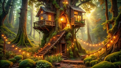 Fototapeta premium Enchanted Treehouse in Forest, Fairy Lights, Winding Staircase - Magical Stock Photo