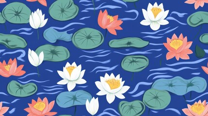 Colorful Seamless Pattern Featuring Water Lilies Floating On A Blue Pond Background, Botanical Floral Illustration Depicting Nature's Beauty