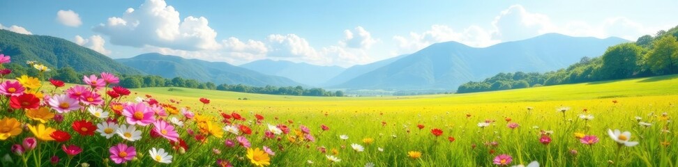 Fototapeta premium a gentle breeze rustles colorful blooms in a vast field, mountains, clouds, sky