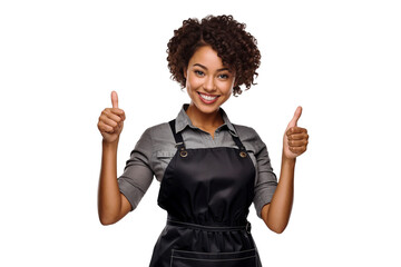Portrait of a smiling African American female chef showing thumbs up, isolated on transparent background