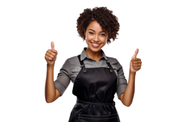 Portrait of a smiling African American female chef showing thumbs up, isolated on transparent background