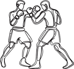 Boxing Match Line Art - Two Boxers Fighting Vector Illustration