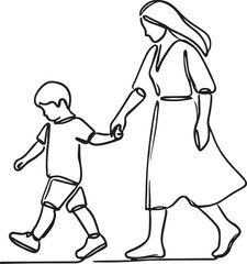 Minimalist Line Drawing of Mother and Child Walking Together, Vector Design