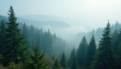 Fototapeta premium A misty veil envelops a vast expanse of boreal forest with spruce and fir trees, fog, serene, spruce