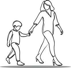 Minimalist Line Drawing of Mother and Child Walking Together, Vector Design