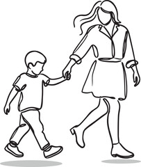 Minimalist Line Drawing of Mother and Child Walking Together, Vector Design
