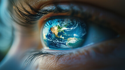 Earth reflected in a human eye, created with generative AI technology  
