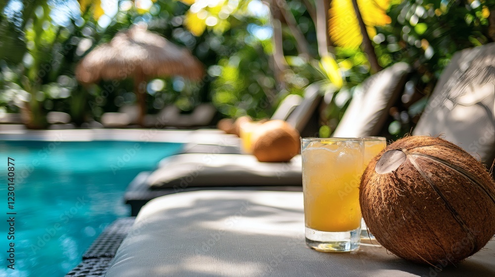 Poster stylish poolside lounge at a high-end beachfront resort sunbeds shaded by palm trees fresh coconut d